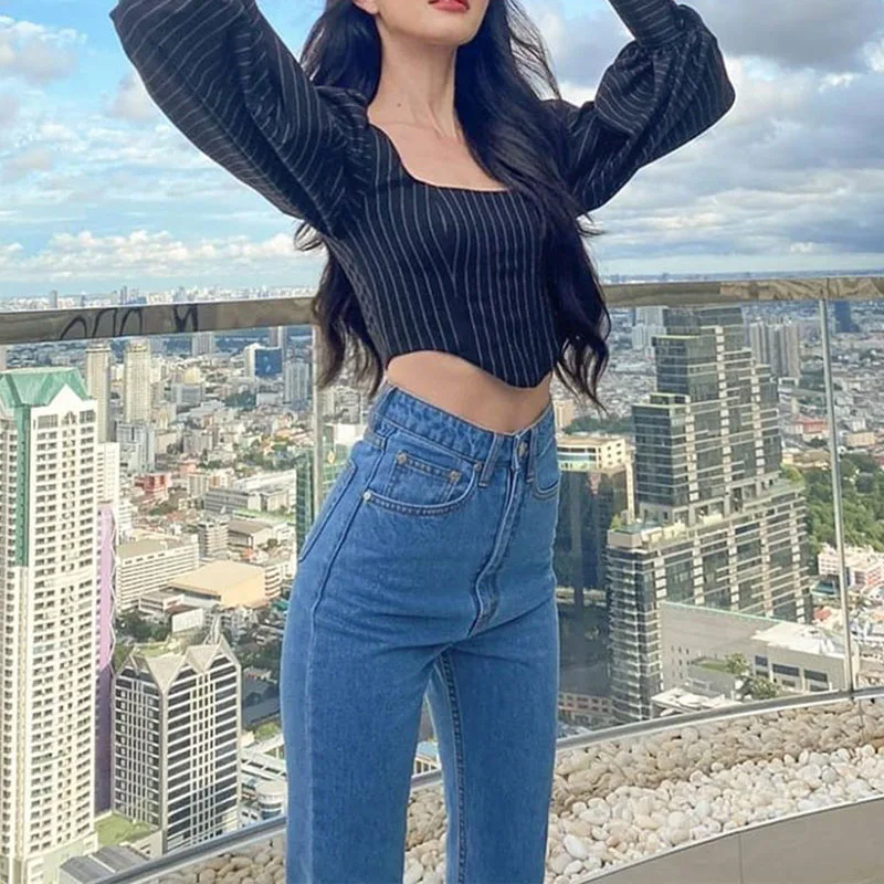 

Women Autumn New Shirts Fashion Korean Striped Square Neck Irregular Lantern Sleeve Short T-shirt Woman Loose Office Lady Tops