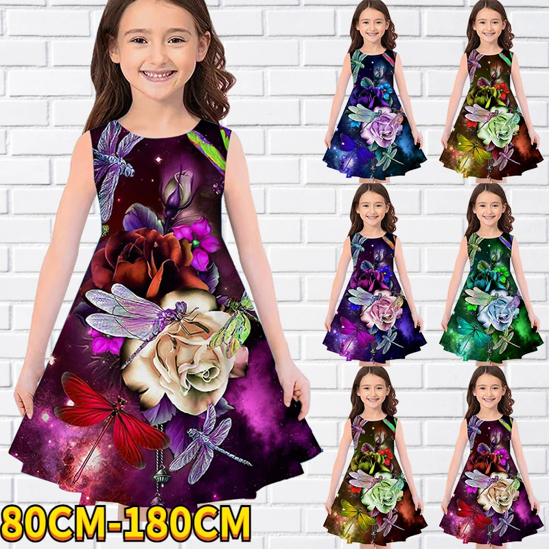 

Kids Little Girls Sleeveless Dress Girls Dress 3D Dragonfly Print Daily Casual Cute Sweet Over Knee Sleeveless Dress 80-180CM