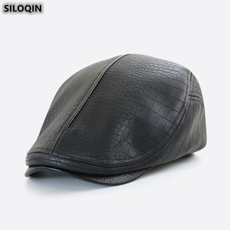 

Fashion Men Berets Men's Leather Hat Snapback Peaked Cap The Crocodile Grain Add Fluff Keep Warm Autumn Winter Caps Casquette