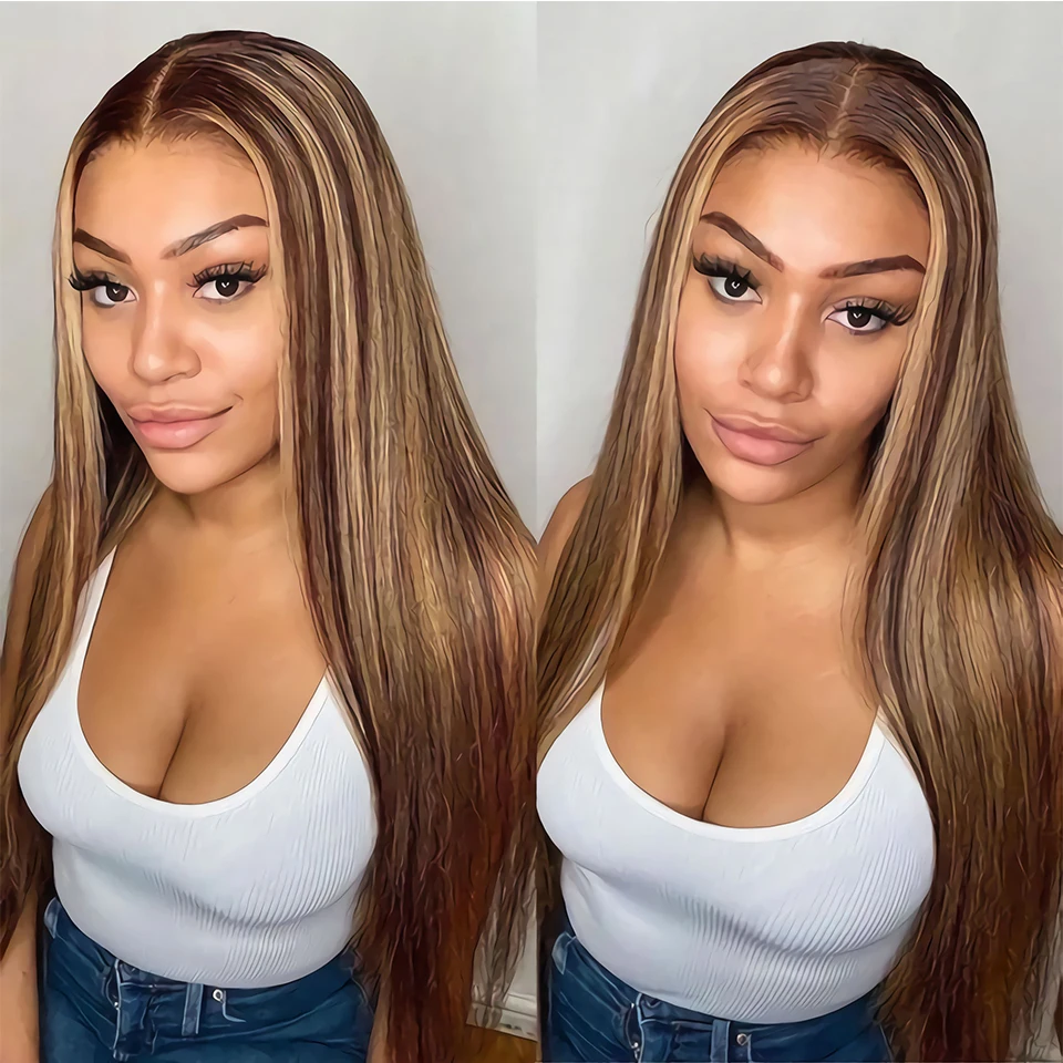 Lekker Highlight Brown T Part Lace Front Human Hair Wig For Women 16-26Inchs Straight Pre Plucked Brazilian Remy Glueless 99j