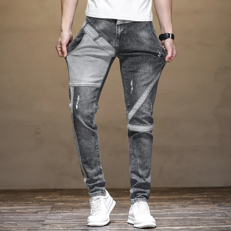 

Модные Дизайнерские мужские джинсы в стиле ретро, серые Стрейчевые Узкие рваные брюки, винтажные повседневные джинсовые брюки-карандаш, мужские брюки