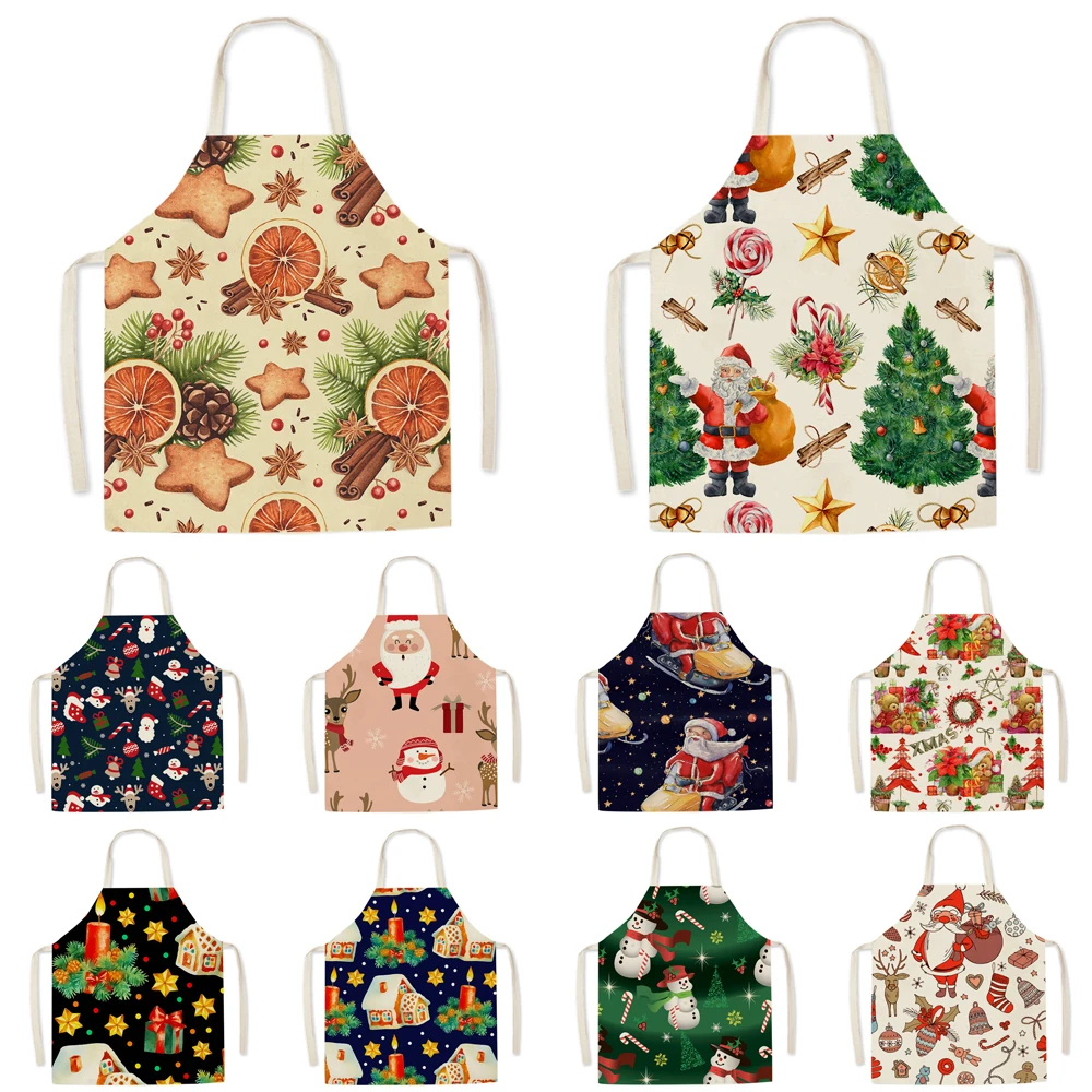 

Рождественский Декор, льняной Печатный чистящий фартук, новогодние праздничные фартуки для рождественской елки для женщин, Кухонные фарту...