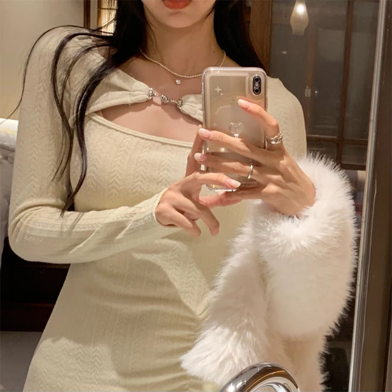 

Women sweater Long Sleeve Knitted Dress 2022 Autumn White Square-neck Sweater Bottoming Skirt Korean Style Hot Girl Sexy dress