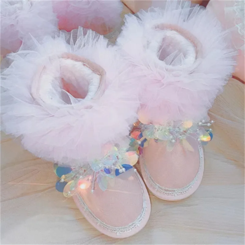 Розовые зимние сапоги с блестками и бисером сетчатые кружевные ручной работы на