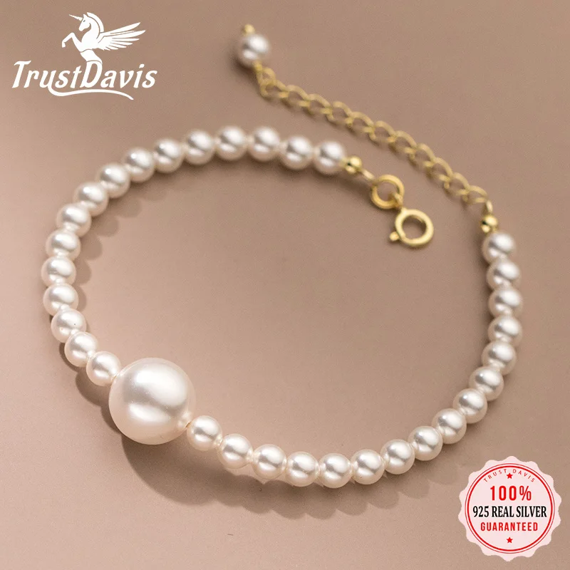 TrustDavis Real 925 Sterling Silver Womens  Freshwawter Pearl Bracelet for Mum Daugther Birthday Fine S925 Jewelry Set DS3572