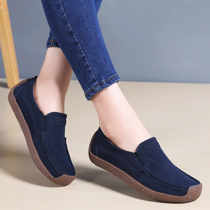 

2023 New Spring Autumn Toe Comfortable Slip-on Shoes Women Moccasins Suede Leather Flats Square Fall Casual Apricot Loafers Lady