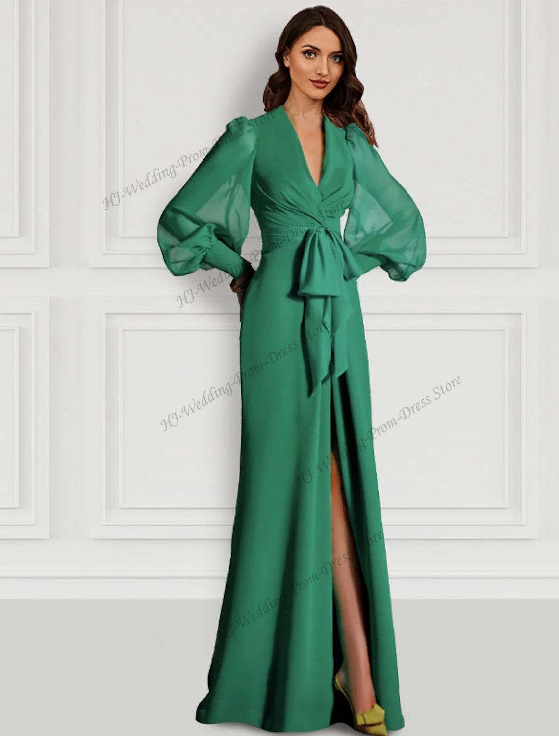 

Fashion V-neck High Split Long Sleeve Floor Length Mermaid / Trumpet Chiffon Woman Formal Evening Dresses 2023