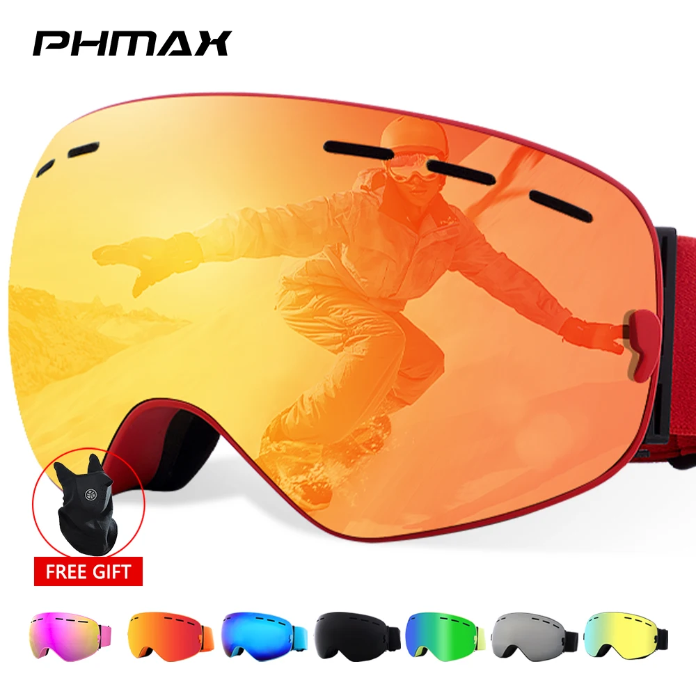 PHMAX Ski Goggles Men Snowboard Glasses Women Winter Outdoor Snow Sunglasses UV400 Double Layers Lens Anti-Fog Skiing Goggles