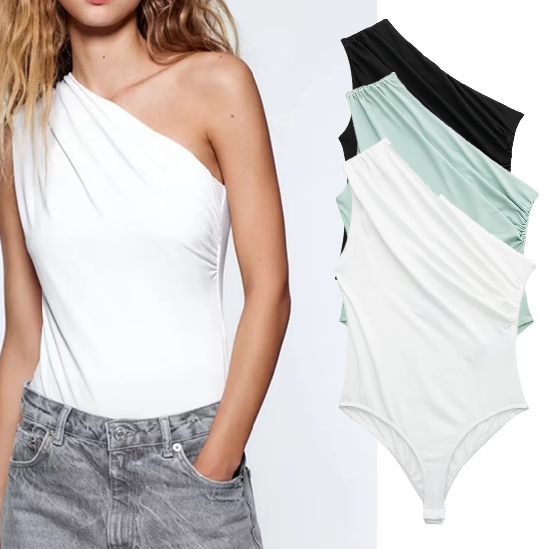 

Jenny&Dave Fashion Asymmetry Single Shoulder Pleated Sexy Bodysuits Women