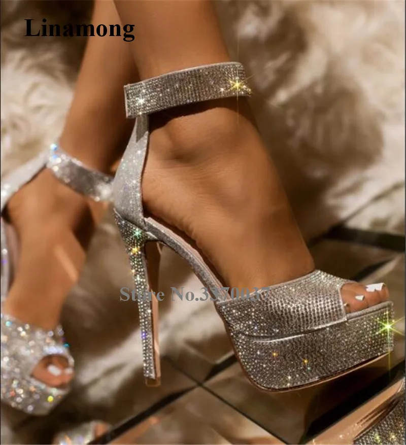 

Bling Bling Luxurious Rhinestone Peep Toe Platform Stiletto Heel Pumps Ankle Strap Crystal High Heels Big Size Wedding Shoes