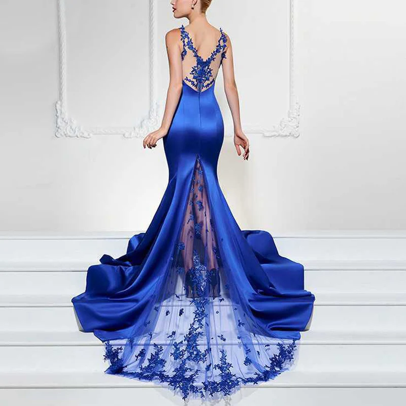 

Fashion Blue Backless Lace Mermaid Formal Evening Party Dresses Lady Elegant V Neck Sleeveless Long Gown Robe Cocktail Vestido