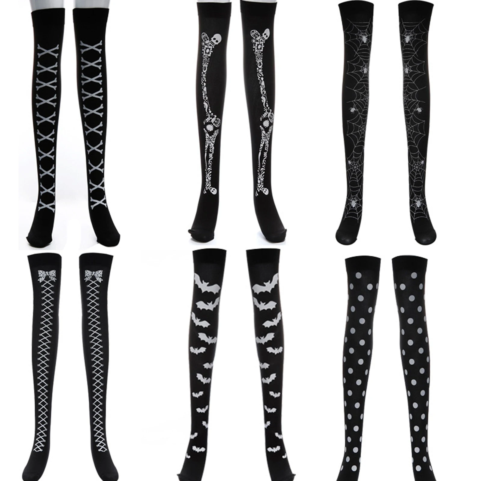 

1 Pair Women Halloween Stockings Gothic Aesthetic Cobweb Skull Bat Print Thigh-high Stockings Cosplay Party Compression Socks