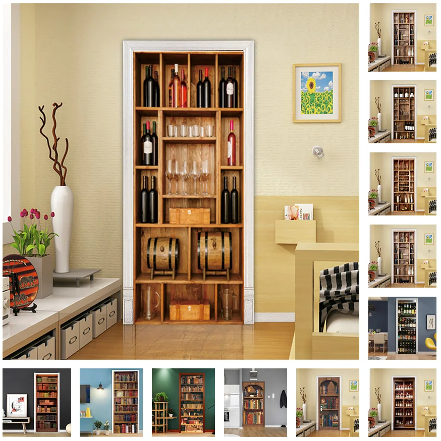 

3D Wine Cabinet Bookshelf Door Sticker For Living Room Corridor Decoration Wall Decal Self Adhesive Poster Wallpaper Home Decor