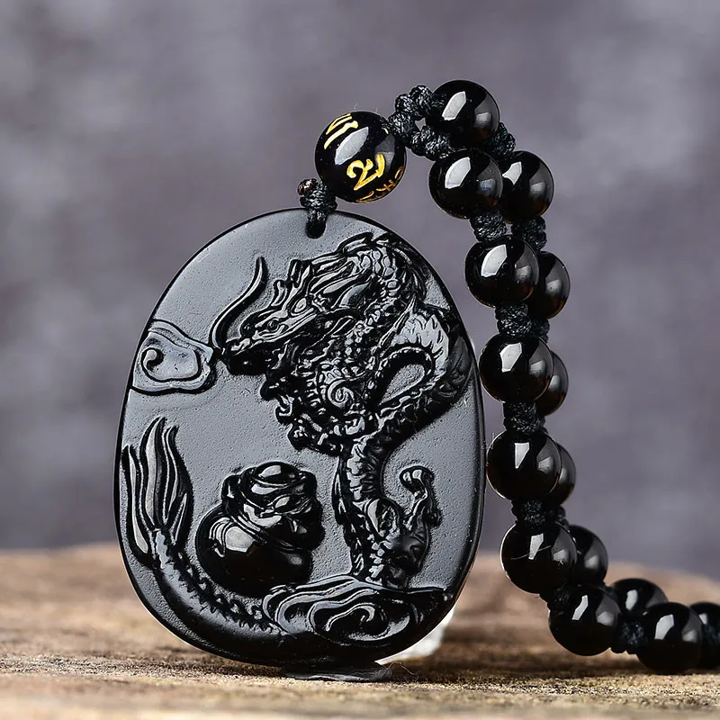

Natural Black Obsidian Hand Carved Rat Dragon Pendant Fashion Jewelry Men's and Women's Twelve Zodiac Two In One Necklace Gift