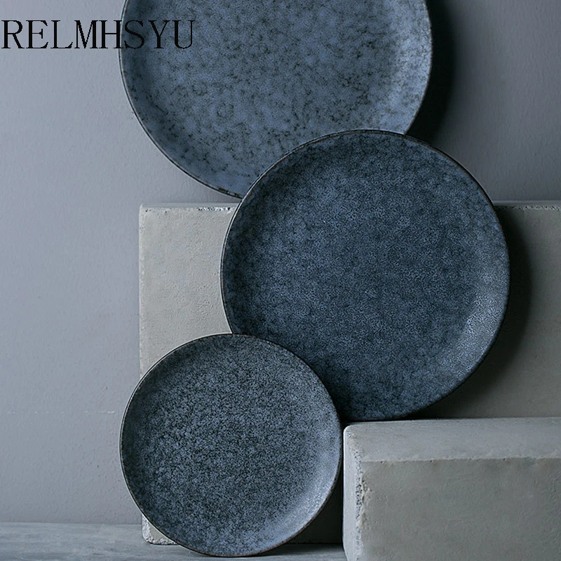 

1PC Japanese Style Retro Ceramic Western Food Flat Round Dinner Plate Dishes Home Tableware