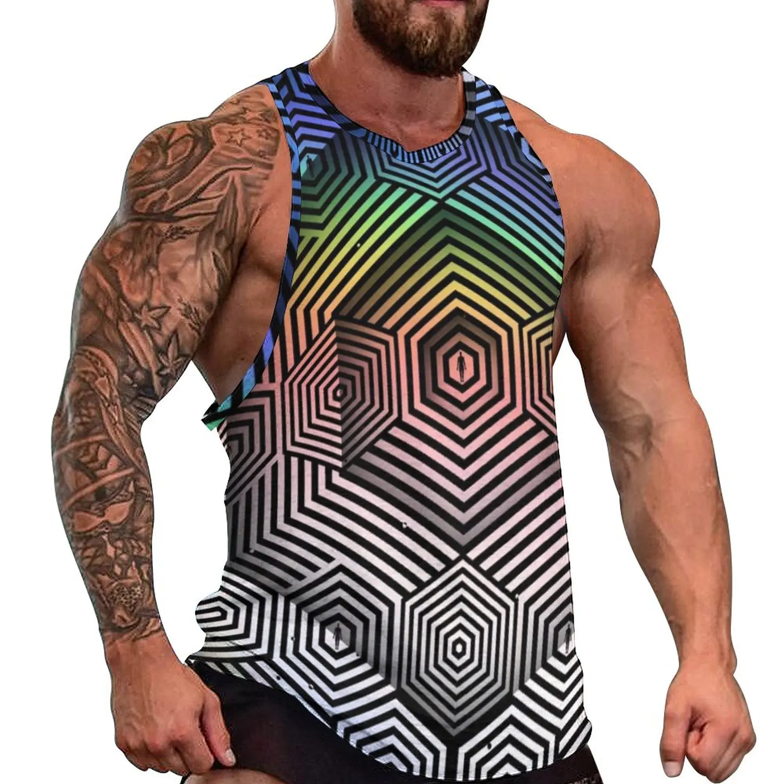 

Ombre Geometry Tank Top Males Optical Art Trendy Tops Beach Bodybuilding Custom Sleeveless Shirts Plus Size 4XL 5XL