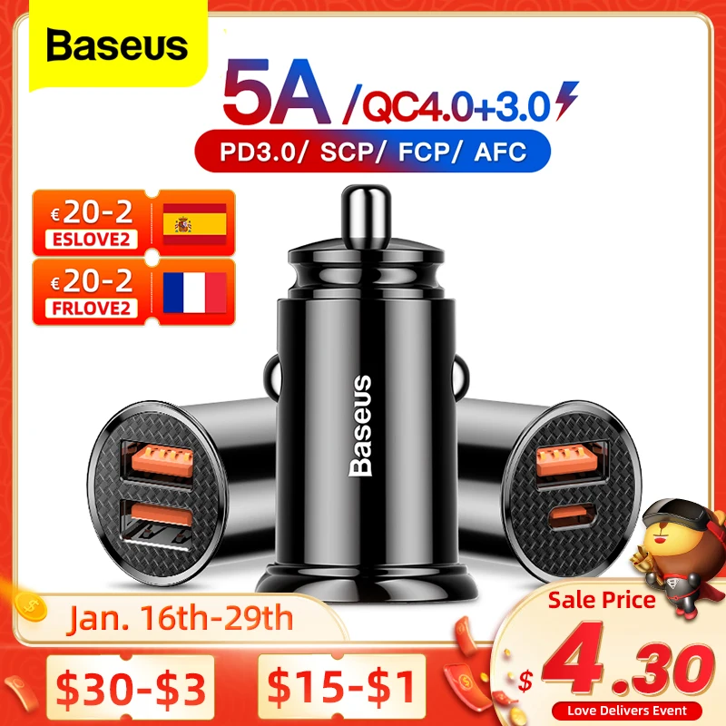 

Baseus USB Car Charger Quick Charge 4.0 QC4.0 QC3.0 QC SCP 5A PD Type C 30W Fast Car USB Charger For iPhone Xiaomi Mobile Phone