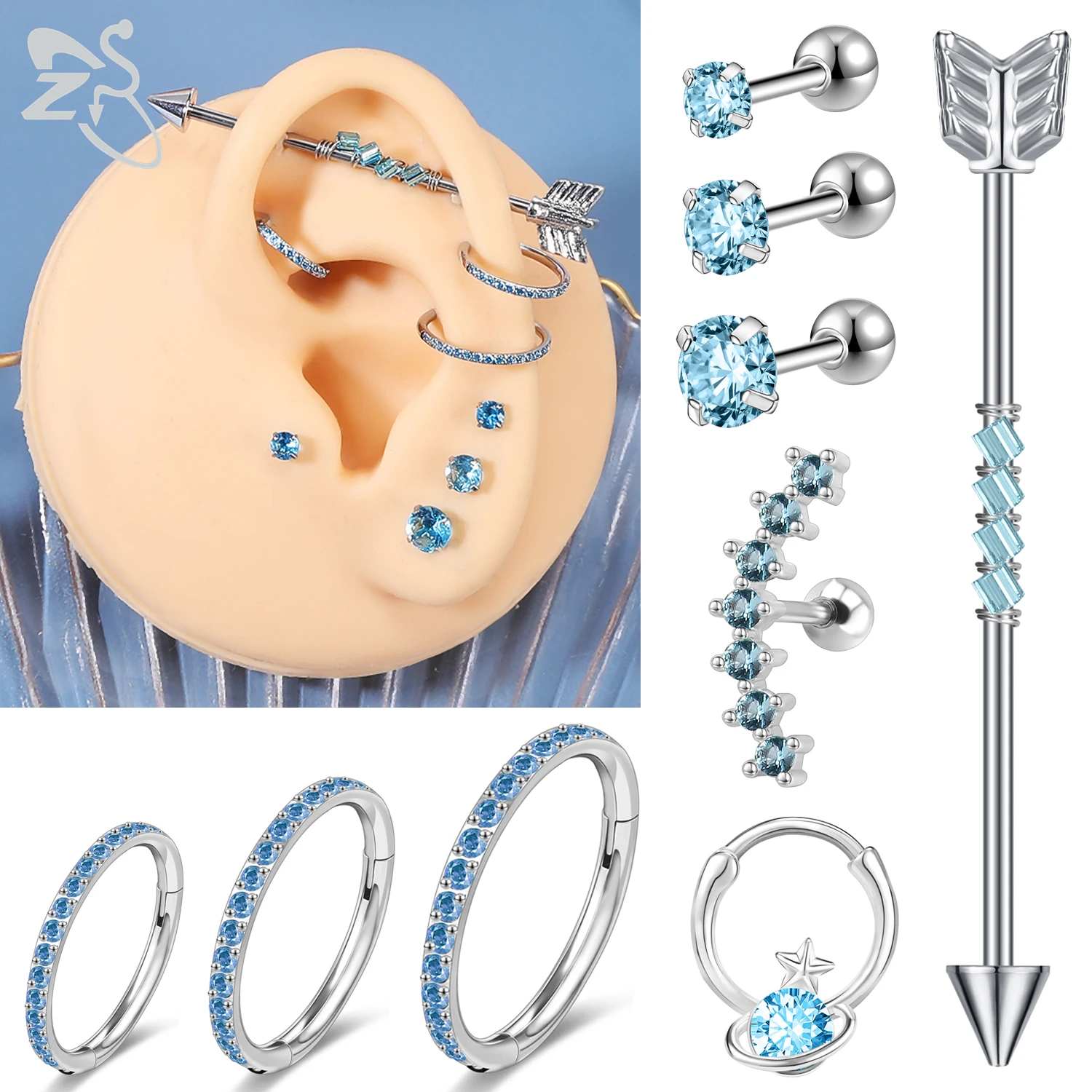 ZS 1 Piece Blue Zircon Stud Earring For Women Girls Stainless Steel Hoop Ear Cartilage Helix Conch Piercing Screw Back Earrings