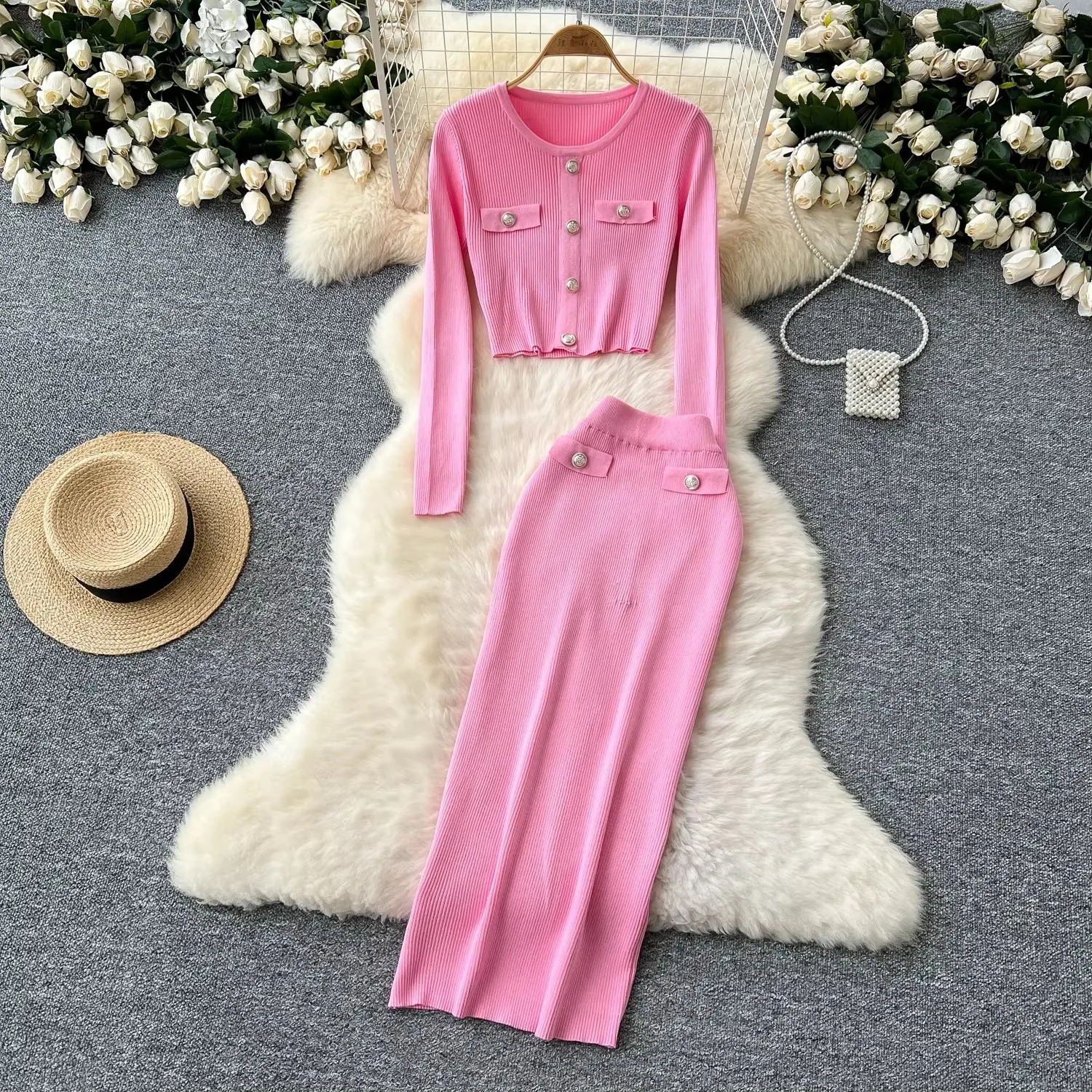 Шикарные вязаные женские комплекты из двух предметов винтажный топ с круглым