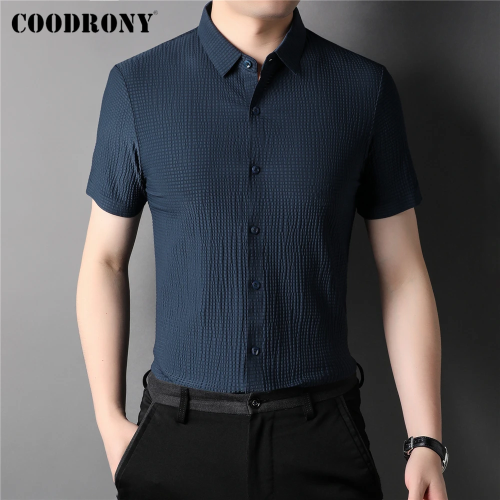 

COODRONY брендовая летняя Модная рубашка с коротким рукавом Homme Новое поступление Классическая Повседневная рубашка с отложным воротником муж...