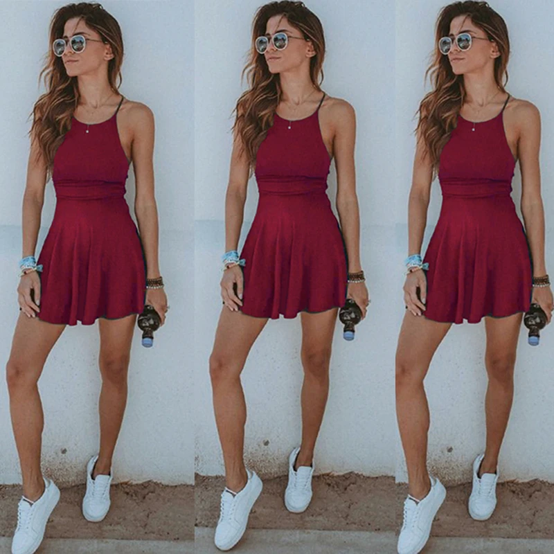 

HOT Fashion Women Dress Summer Casual Sleeveless Solid Female Beach Dress Sexy Ladies Short Mini Dress Womens Clothing Sundress