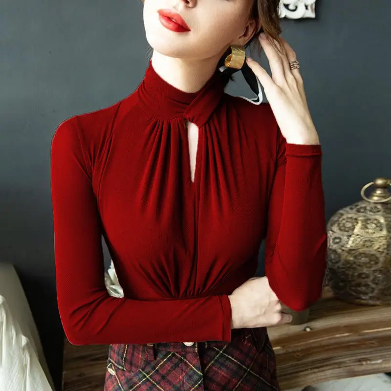 

Black Stretch Mesh Top 2022 Spring and Autumn Cross Knot Bottoming Shirt with Long-sleeved Half Turtleneck T-shirt