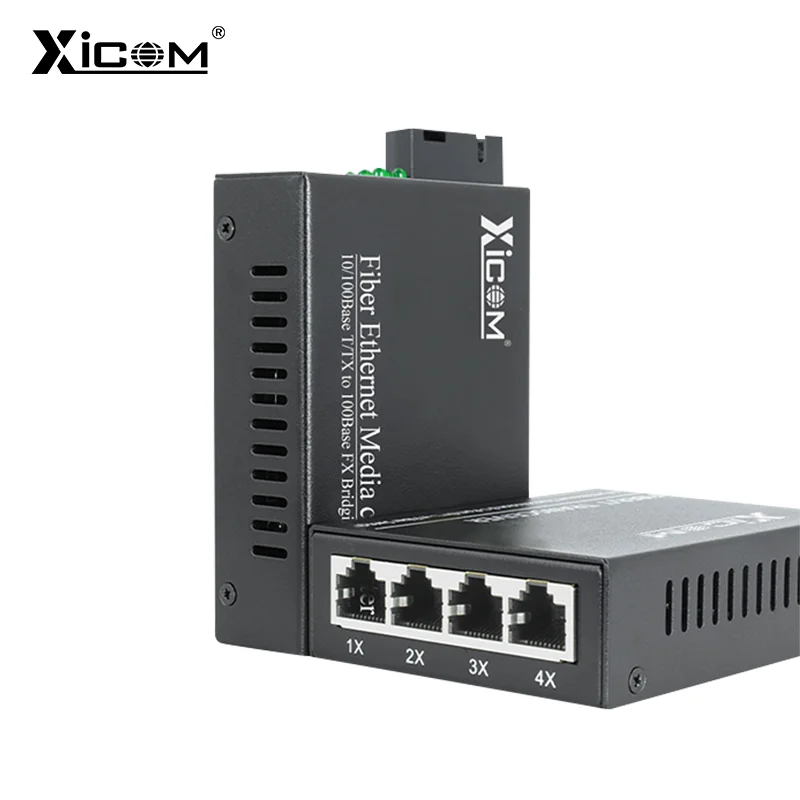 1 Pair 10/100M 25KM Fiber Transceiver Optical Media Converter 1 Fiber Port 4 RJ45 + 1 Fiber Port 1 RJ45 1310/1550nm Fiber Switch