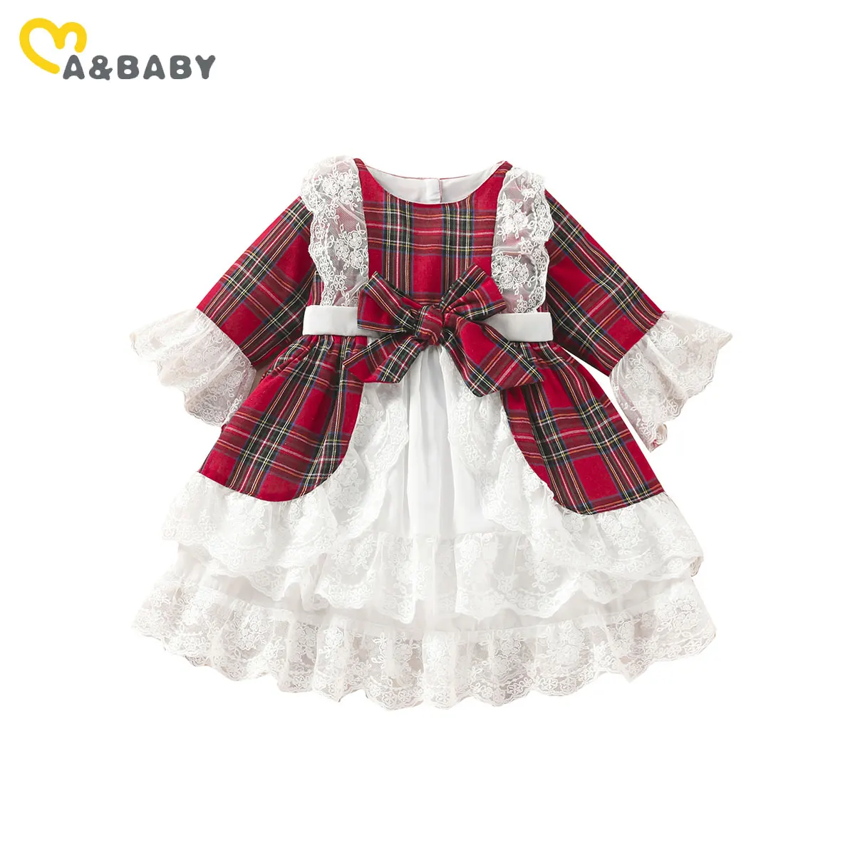 Женское платье-пачка с бантом Ma &amp Baby Красное Кружевное платье в клетку для