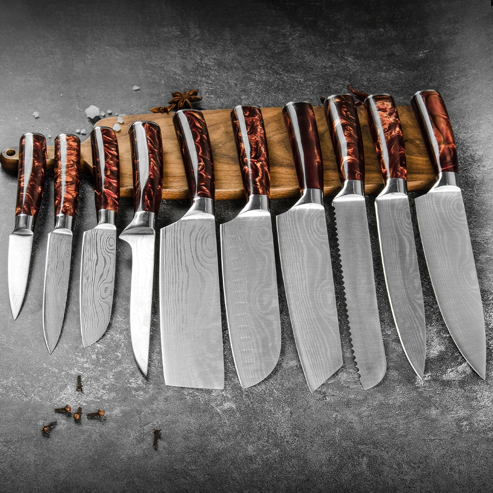 

XYj Stainless Steel Kitchen Knife Set Damascus Pattern Blade Professional Chef Knives Kit 10pcs/set Knife Tool With Resin Handle