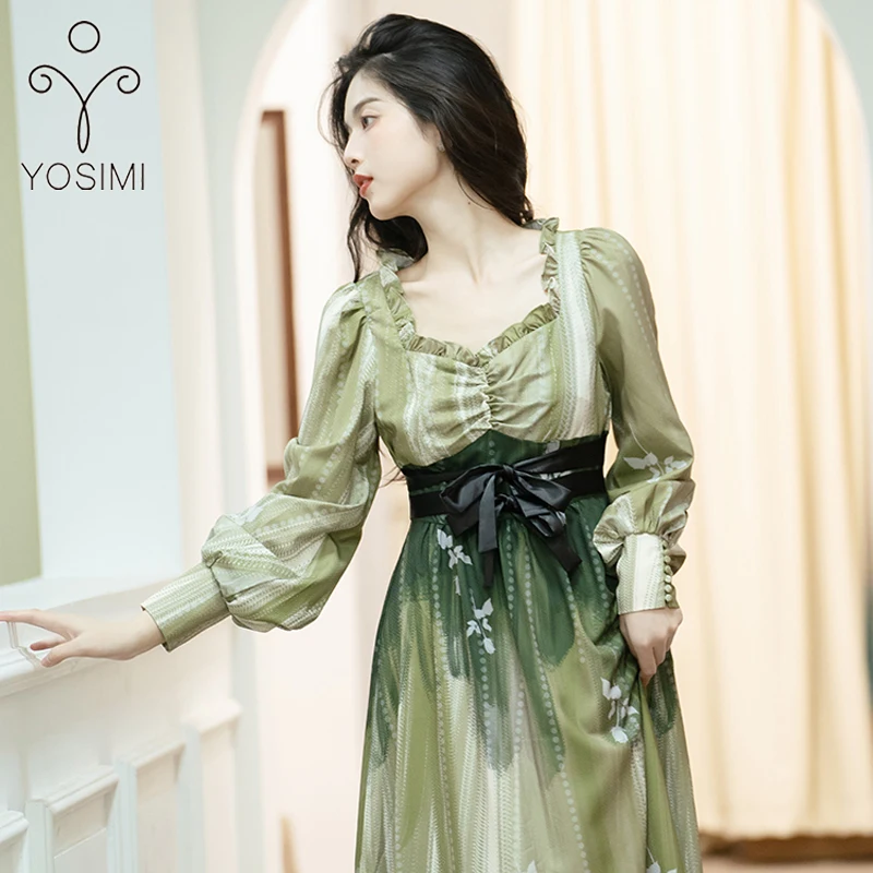 

YOSIMI Vintage Long Women Dresses Summer Striped Green Print V-neck A-line Midi Long Sleeve Empire Evening Party Dress Elegant