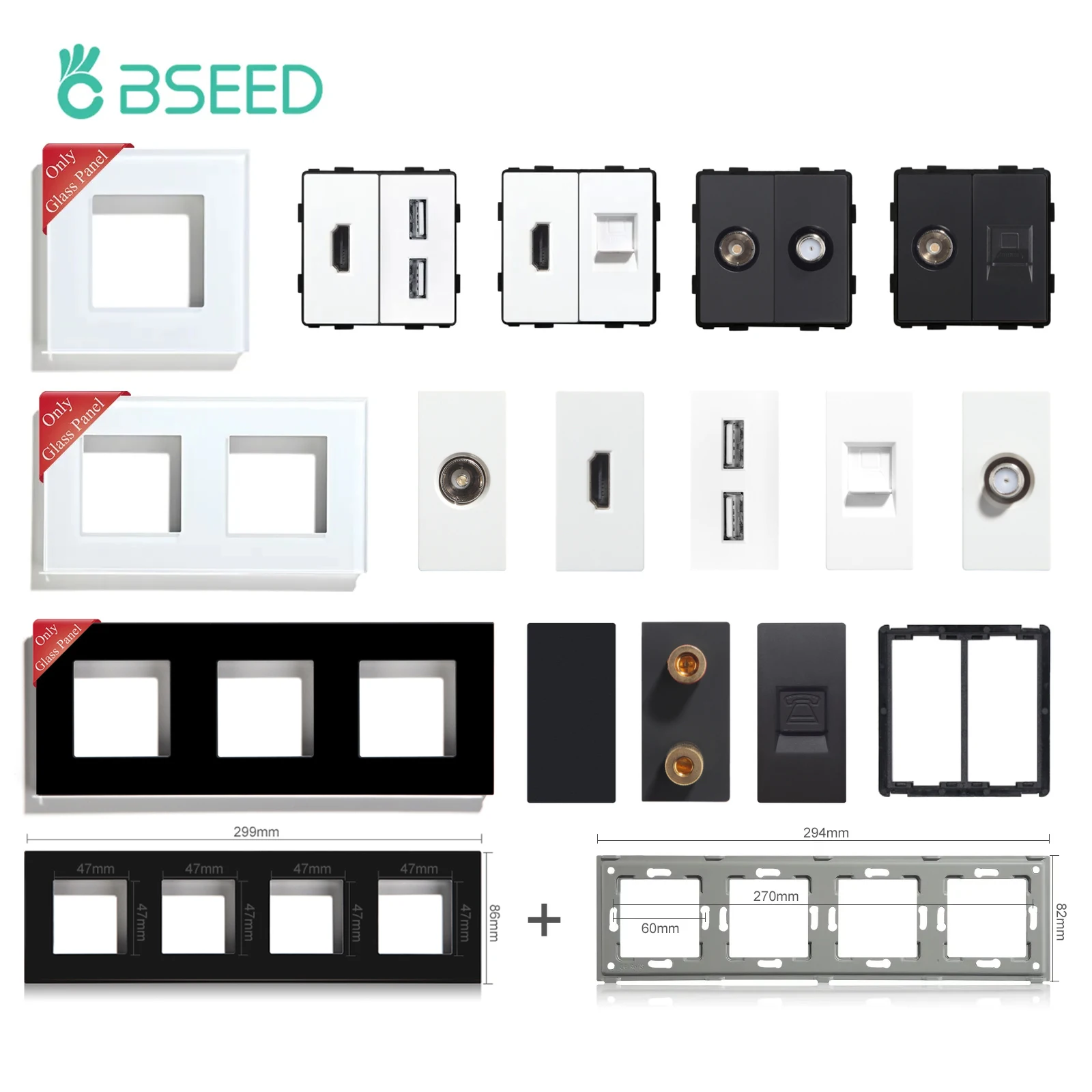 Стеклянные рамки BSEED, европейский стандарт, Пассивный инфракрасный датчик, фотоэлементы, настенные розетки, функция «сделай сам», диммерное основание, детали HDMI USB Type-c