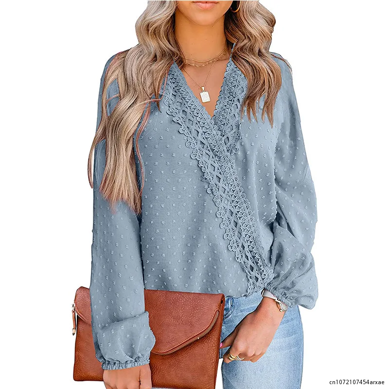

Summer Long Sleeve Loose Chiffon Blouse Femme Shirt Women Casual Fashion Lace V Neck Womens Tops And Blouses Casual Tees Shirts