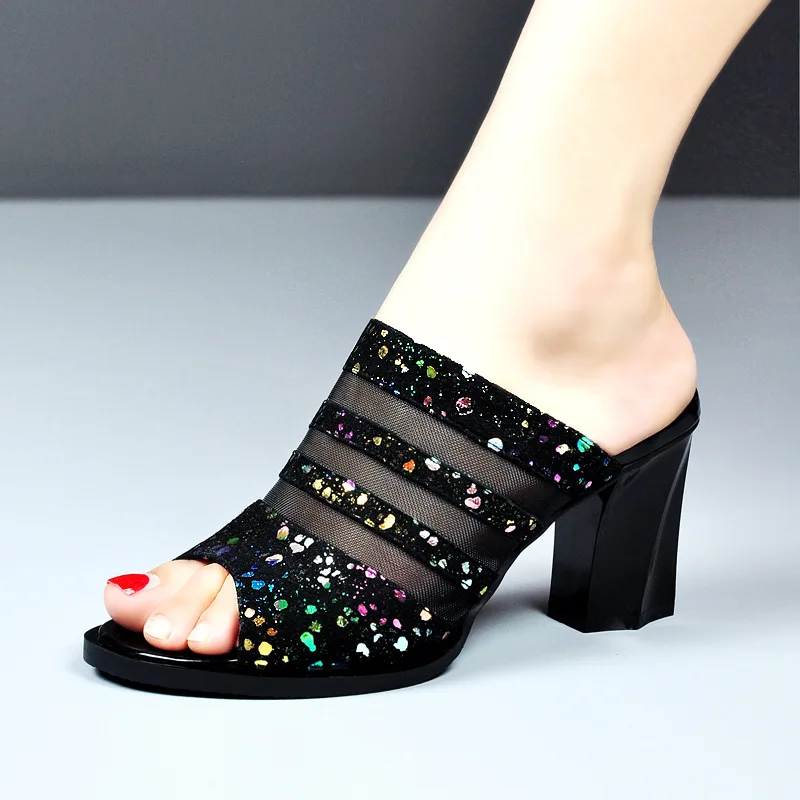 

Ladies High Heels Glitter Slippers Women Summer 2022 Sexy Black Mesh Slip on Sandals Shoes Woman Peep Toe Hollow Out Sandalias