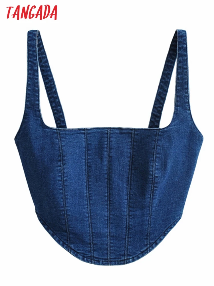 

Tangada Women Sexy Blue Denim Crop Tank Tops Vintage Backless Thin Straps Female Camis 3C10