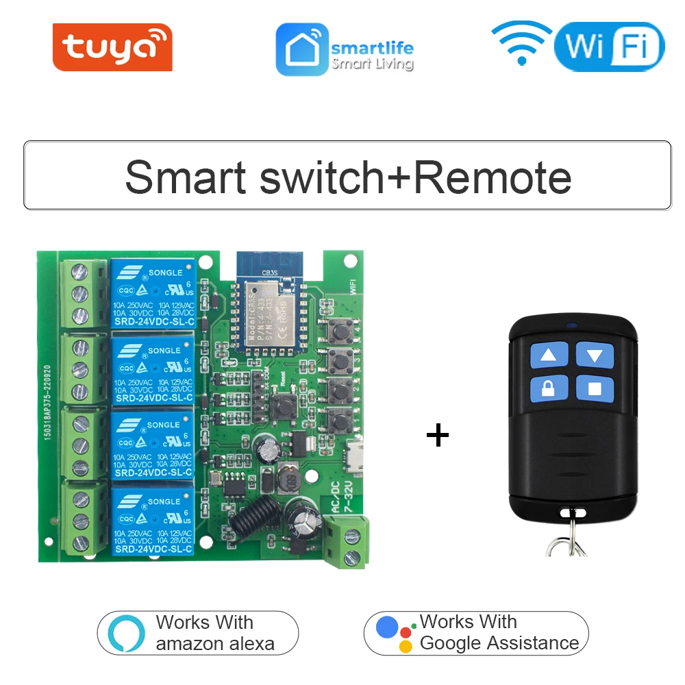 

Умный модуль переключателя Wi-Fi 4CH Tuya, 12 В постоянного тока, 220 В переменного тока, радиопульт дистанционного управления RF433, 4-канальное реле ввода, Alexa GoogleHome Alice