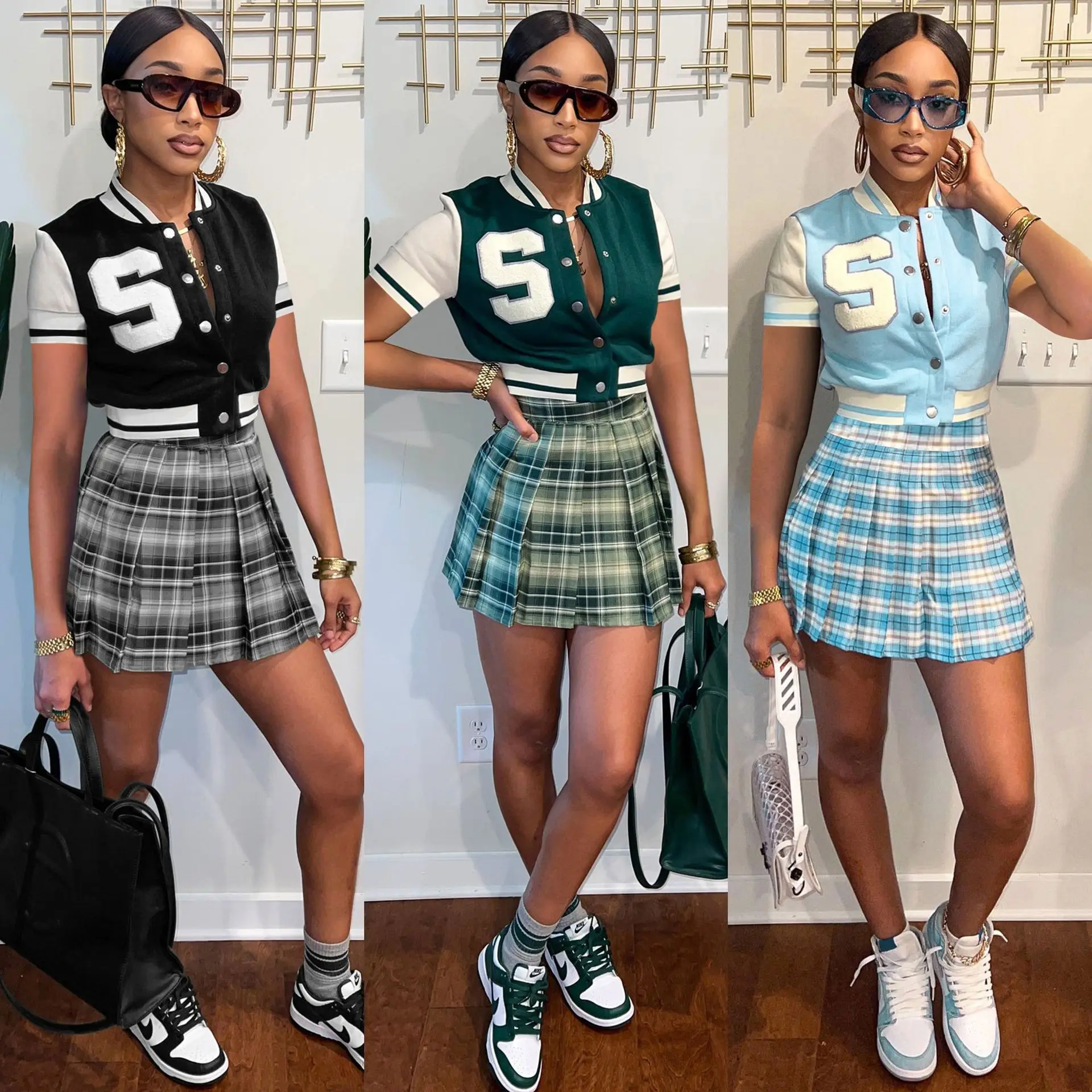 

2022 Spring New Women Fashion Sexy Appliqué Baseball Short Sleeve Top + Plaid Print Skirt Set Streetwear Outfits Wholesale