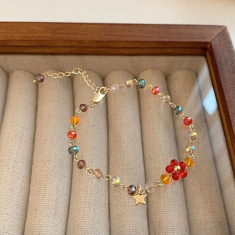 

Minar Fairy Colorful Crystal Beads Chain Bracelets for Women Girls Golden Star Flowers Charm Bracelet Party Holiday Accessories