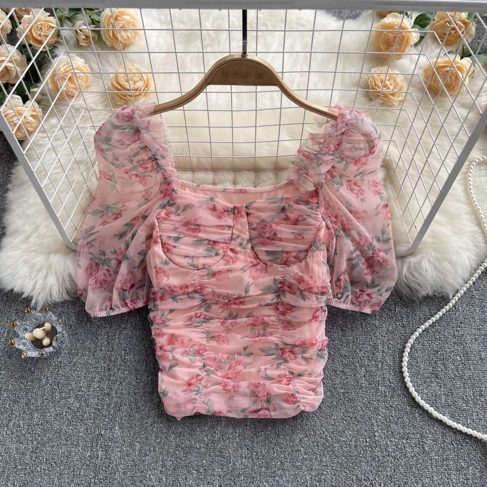 

2022 Summer Square Neck Bubble Sleeve Shirt Floral Chiffon Top blouse tops women shirts blouses