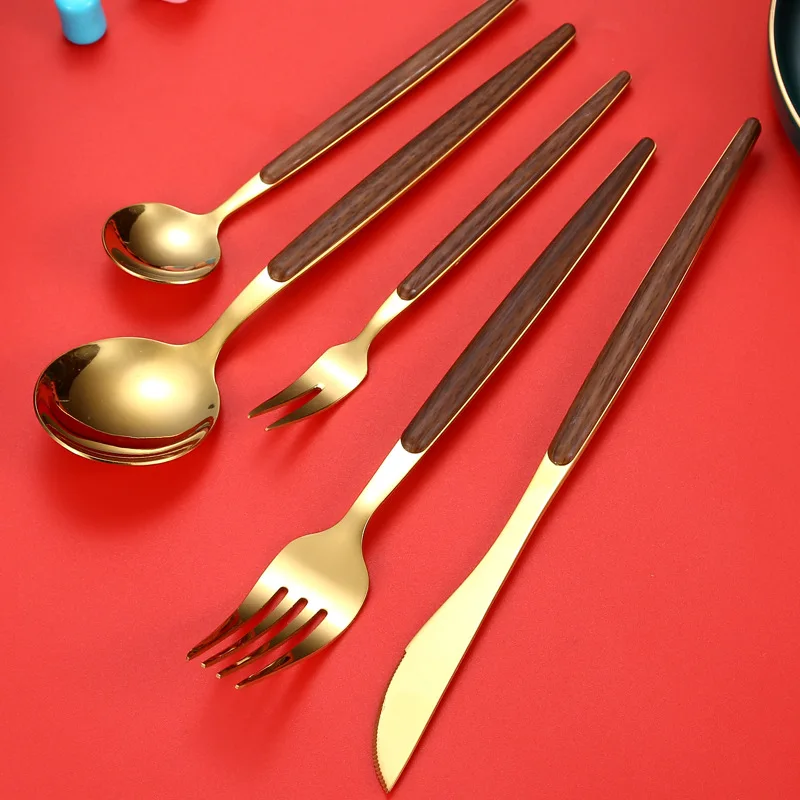 

5-piece cutlery imitation wooden handle stainless steel cutlery spoon set Western tableware dessert spoon steak knife