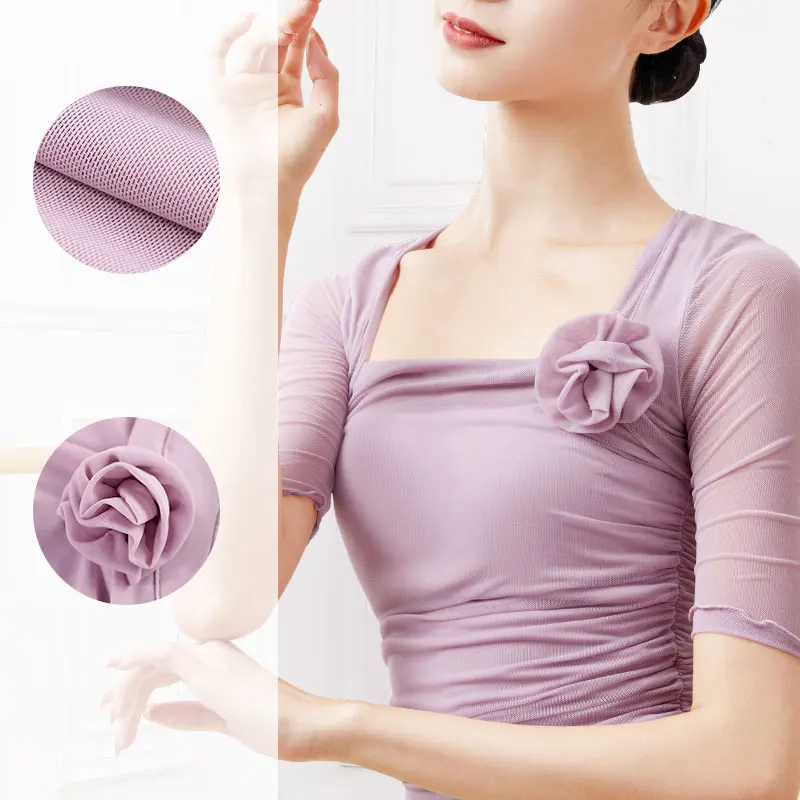 Женские Балетные топы с квадратным вырезом сетчатый нейлоновый Топ рукавами