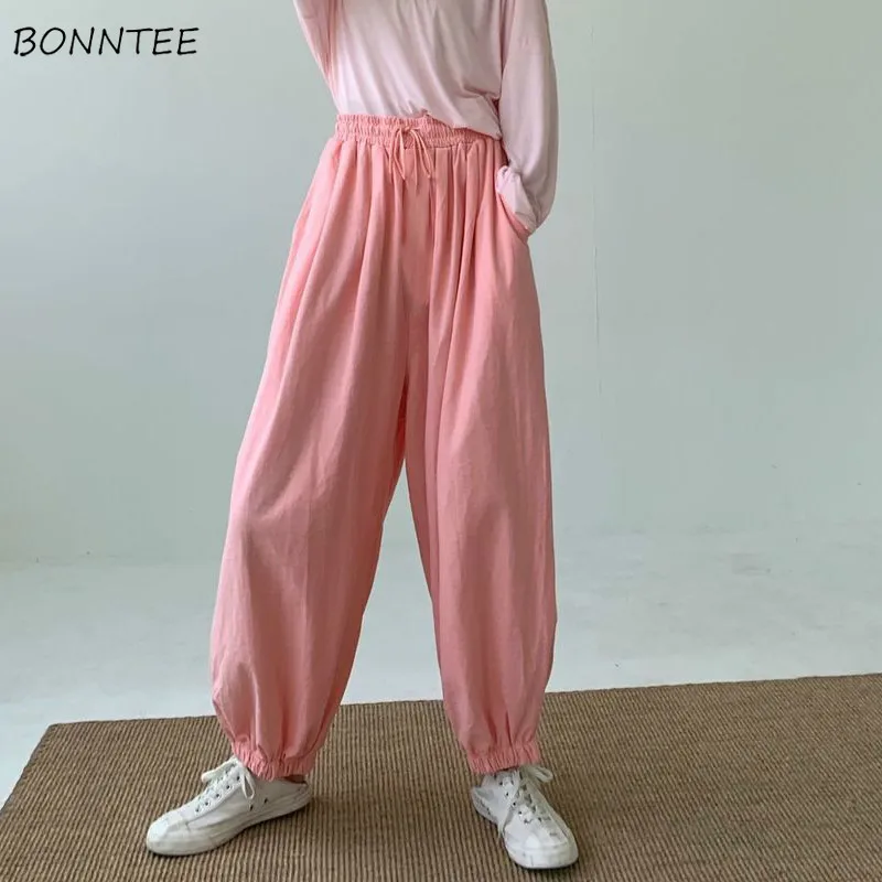

Casual Harem Pants Women Ankle-Length Trousers Pink Stylish Lovely Joggers Pure Teens Simple Ins Lady Korean Style Elastic Waist