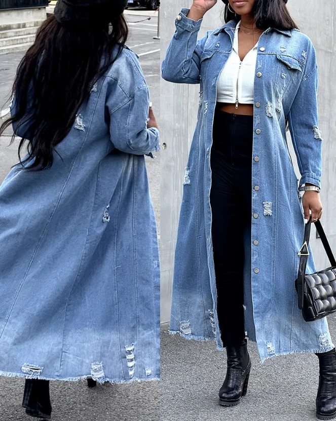 

Denim Jacket Women Autumn Fashion Ripped Raw Hem Button Front Casual Turn-Down Collar Long Sleeve Longline Denim Coat Streetwear
