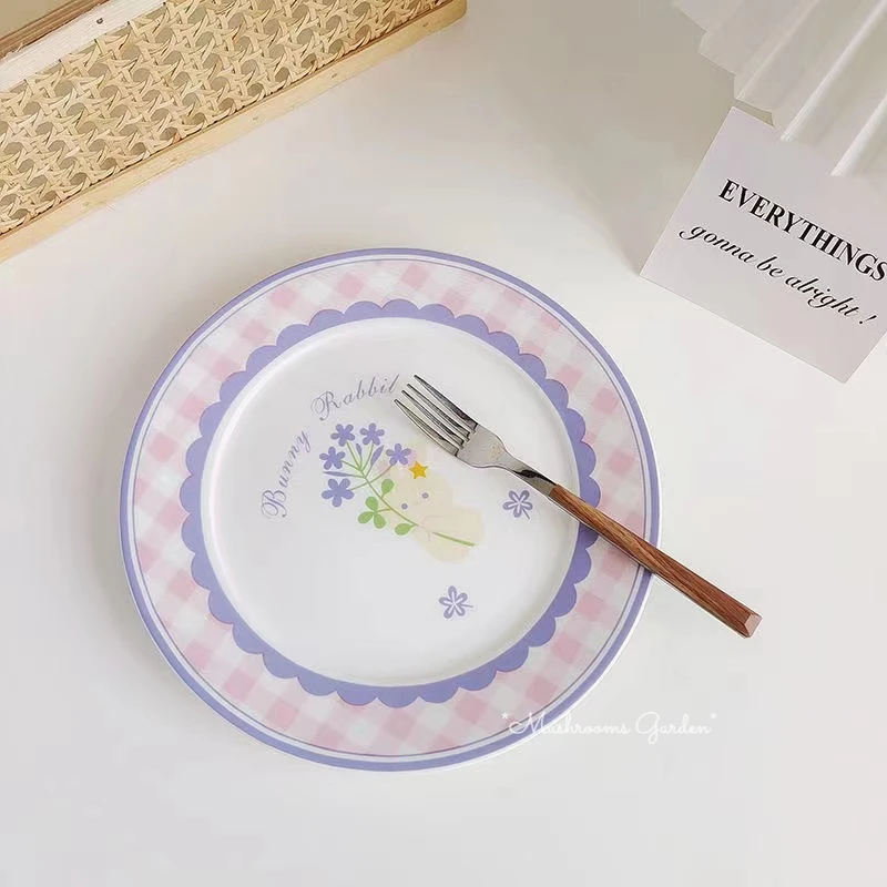 

*Mushrooms Garden*Japanese Retro Rabbit Flowers Tulip Breakfast Ceramic Plate Dessert Plate Western Food Plate Cute Girl