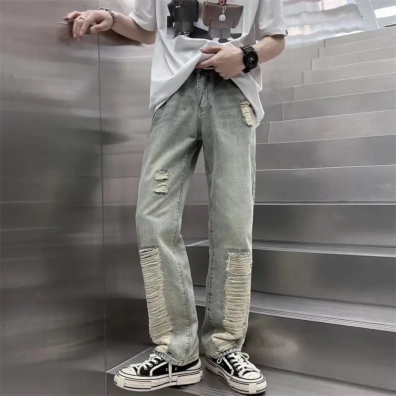2022 Ropa Hole Ripped Vintage Grunge Men Slim Jeans Pants Streetwear Distressed Washed Hip Hop Denim Trousers Pantalones Hombre
