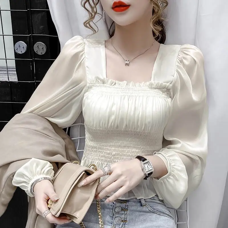 

Blouse Women Autumn Puff Sleeve Chiffon Female Shirt Long Sleeve Square Collar Top Ladies Casual Vintage Elegant Top Shirt G564