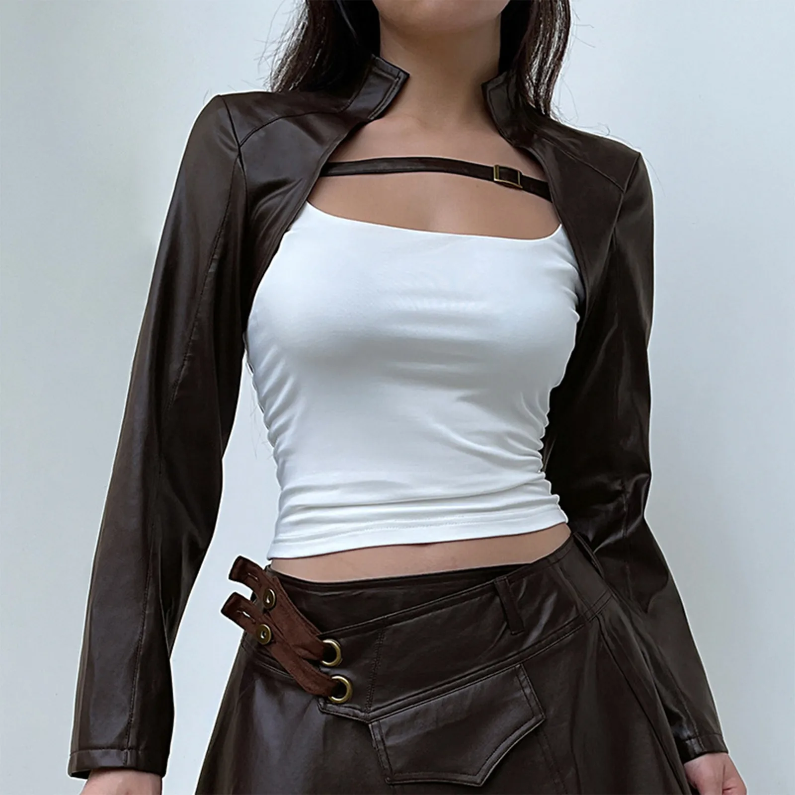 

Ladies' Solid Color Moto Style PU Leather Jacket Vintage Short Overcoat Double Breasted Leather Vest