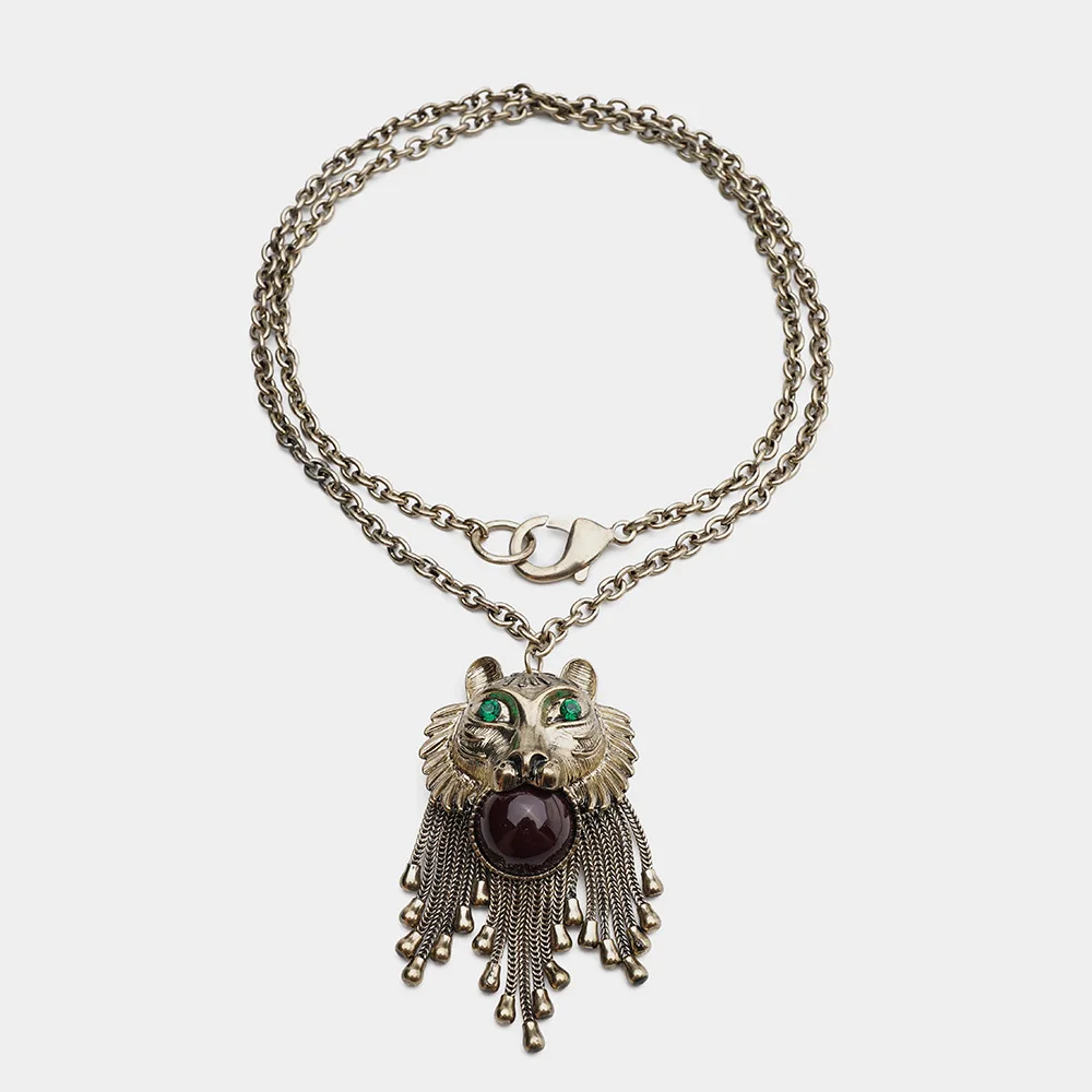

European and American vintage medieval lion head tassel metal design retro necklace