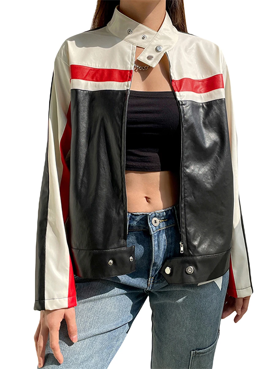 

Women s Y2K Zip Up Leather Jackets Vintage Stand Collar Long Sleeve Racing Jacket Faux PU Leather Coat Streetwear