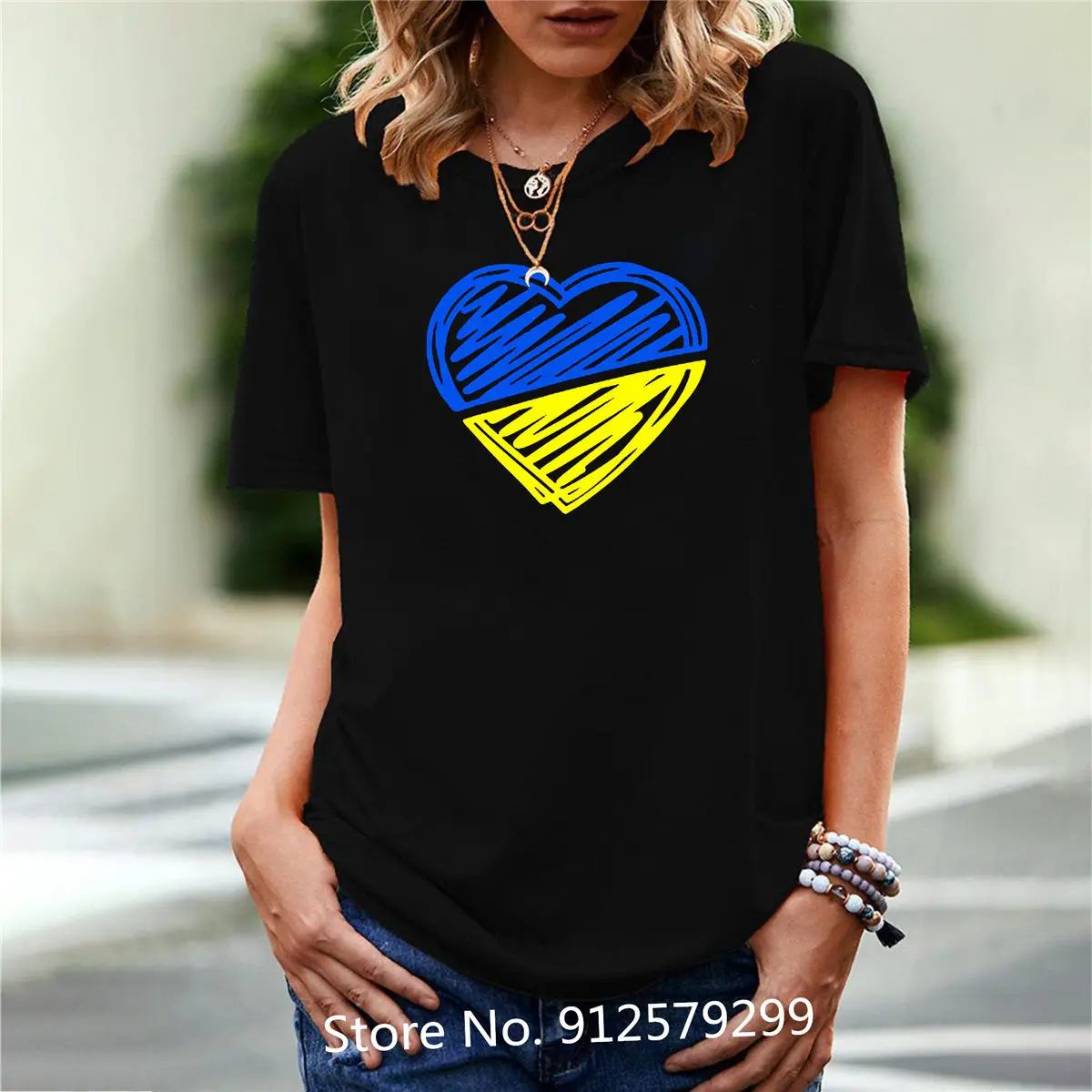 2022 yaz kadın Tee gömlek ukrayna baskı t-shirt bülent ve sarı kalp desen pamuk kızlar Casual Streetwear giysi Tops
