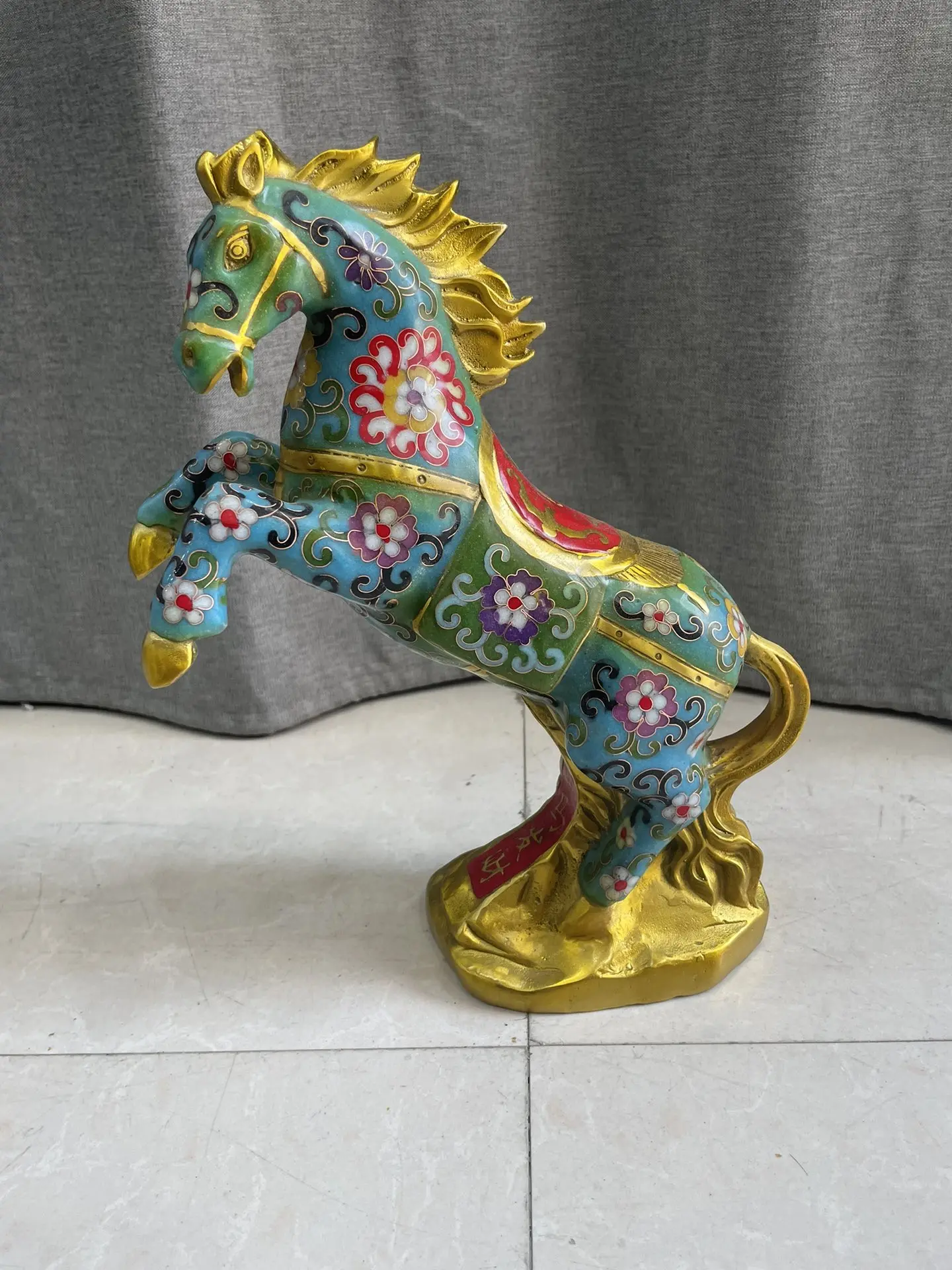 

12"Tibet Temple Collection Old Bronze Cloisonne Enamel Horse Statue Standing Horse Get rich immediately Amass wealth Town house